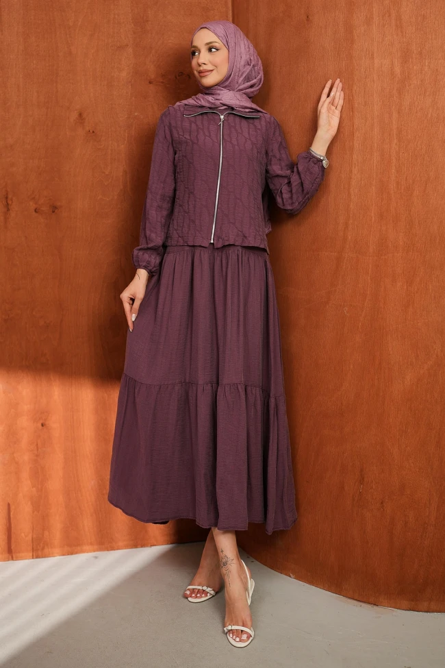 Mürdüm Fermuarlı Ceket Eteği Katlı Jile Takım