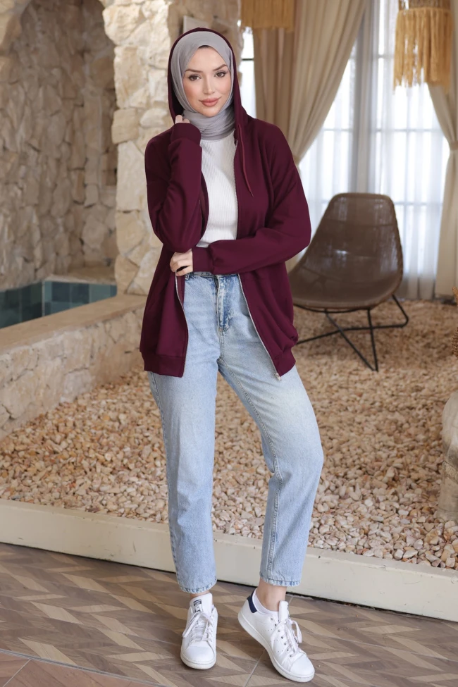 Mürdüm Kanguru Cepli Üç İplik Sweatshirt