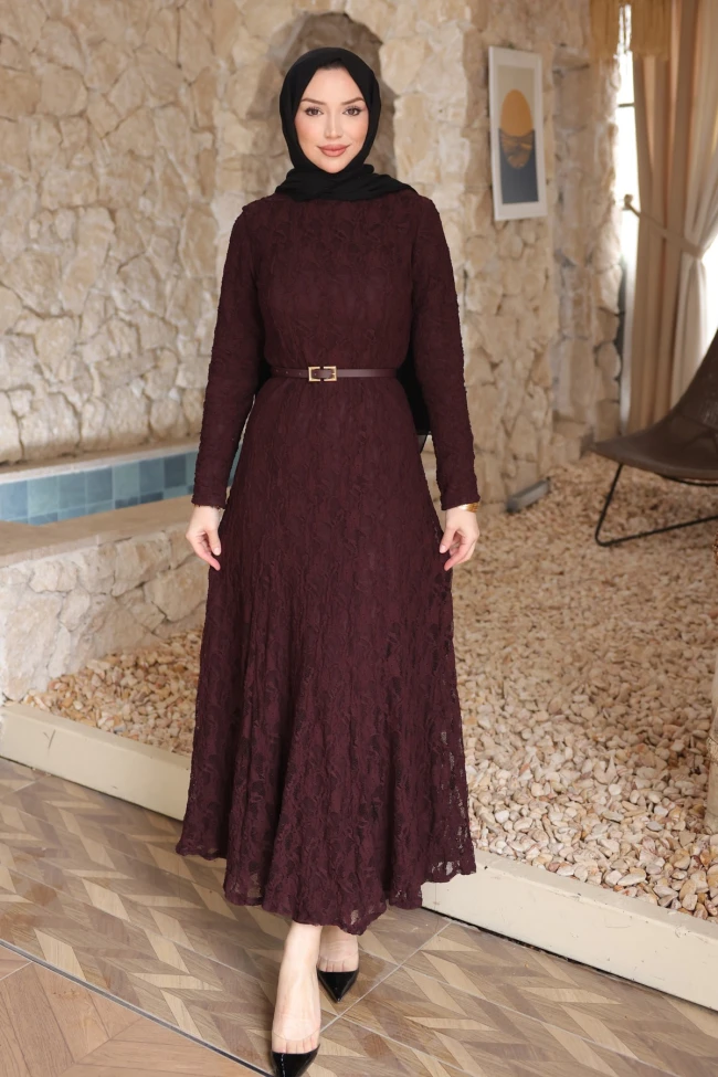 Mürdüm Kemerli Dantelli Astarlı Elbise