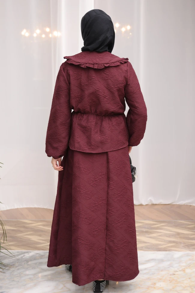 Mürdüm Kendinden Desenli Gömlek Etekli Takım