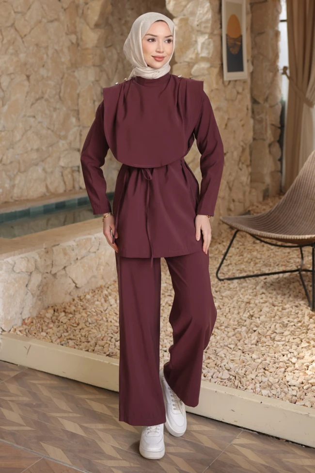Mürdüm Omuz Düğmeli Bel Kuşaklı Pantolonlu Takım