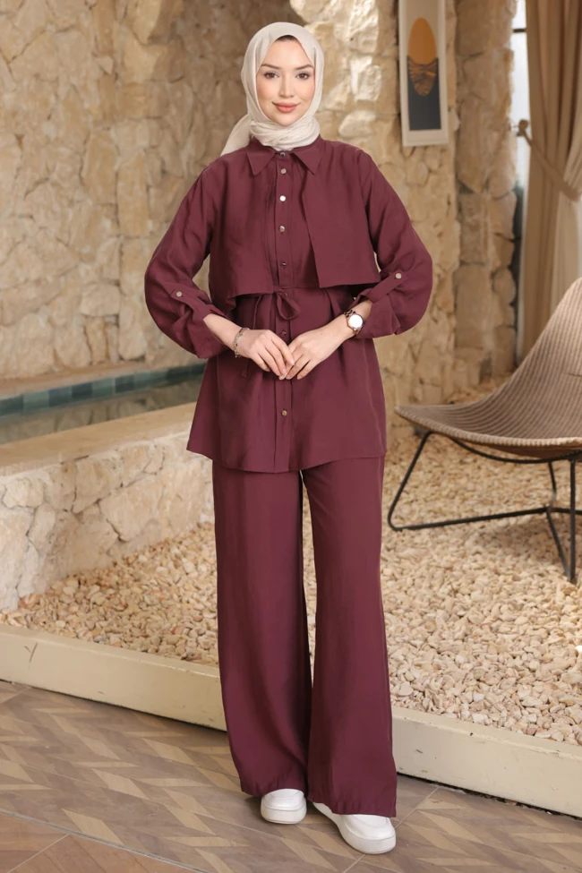 Mürdüm Önü Allerli Kolu Apoletli Tunik Pantolonlu Modal Takım