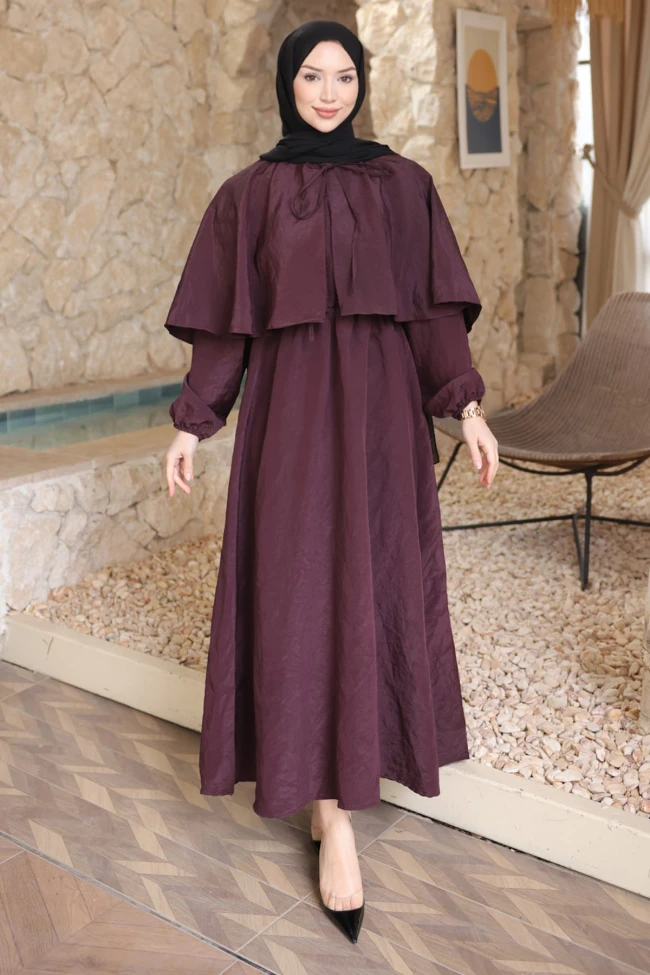 Mürdüm Pelerin Detaylı  Kol Lastikli Elbise