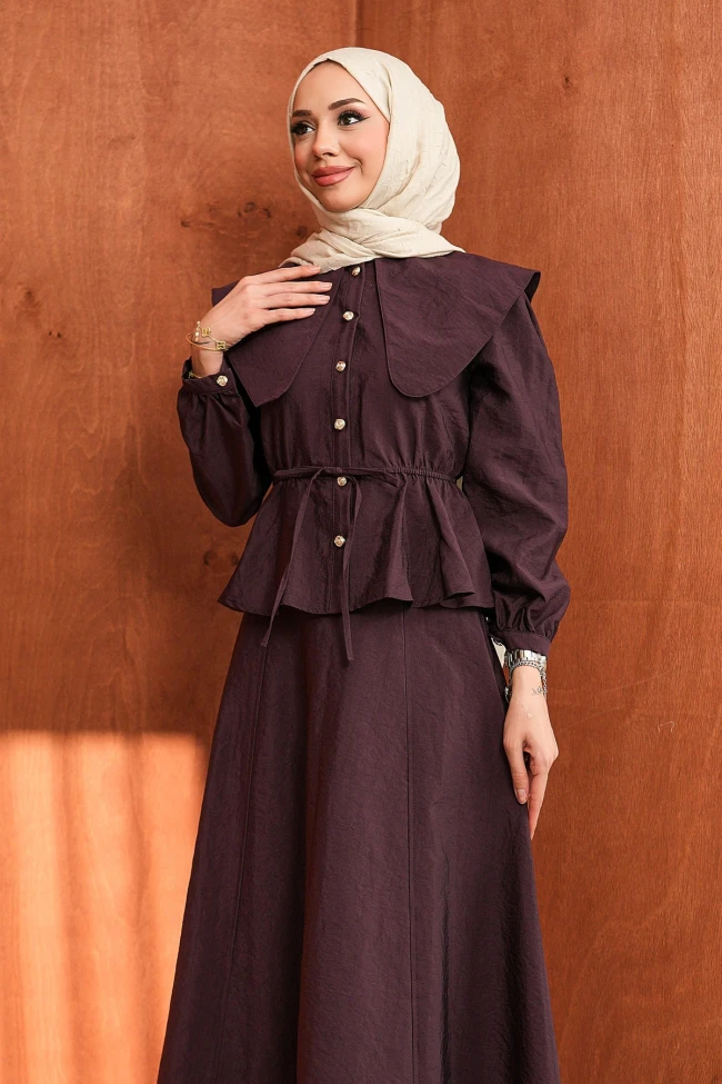 Mürdüm Yaka Detaylı Gömlek Etekli Takım