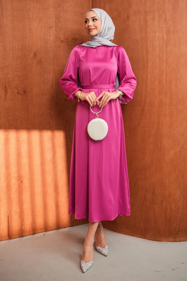 Pembe Hakim Yaka Balon Kol Saten Abiye Elbise