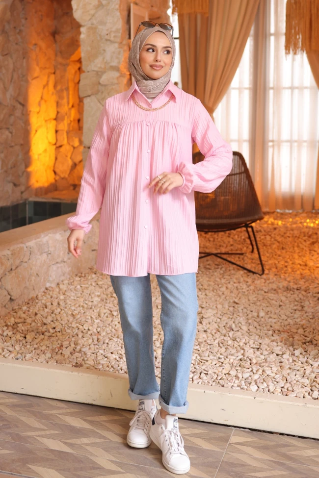 Pembe Kol Lastikli Çizgili Gömlek Tunik