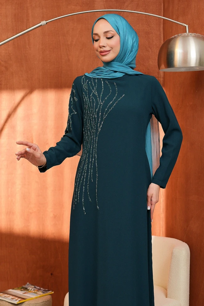 Petrol Mavisi Bisiklet Yaka Taş İşlemeli Abiye