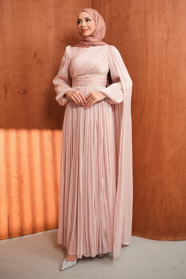 Pudra Bel Büzgülü Taşlı Abiye