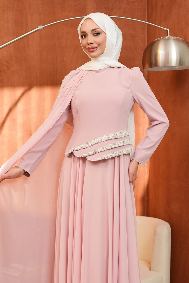 Pudra İnci İşlemeli Pelerinli Abiye