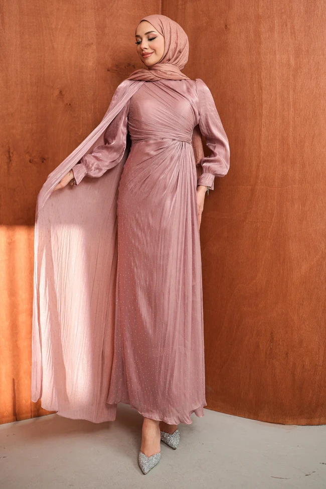 Pudra Pelerin Detaylı Drapeli Taşlı Abiye