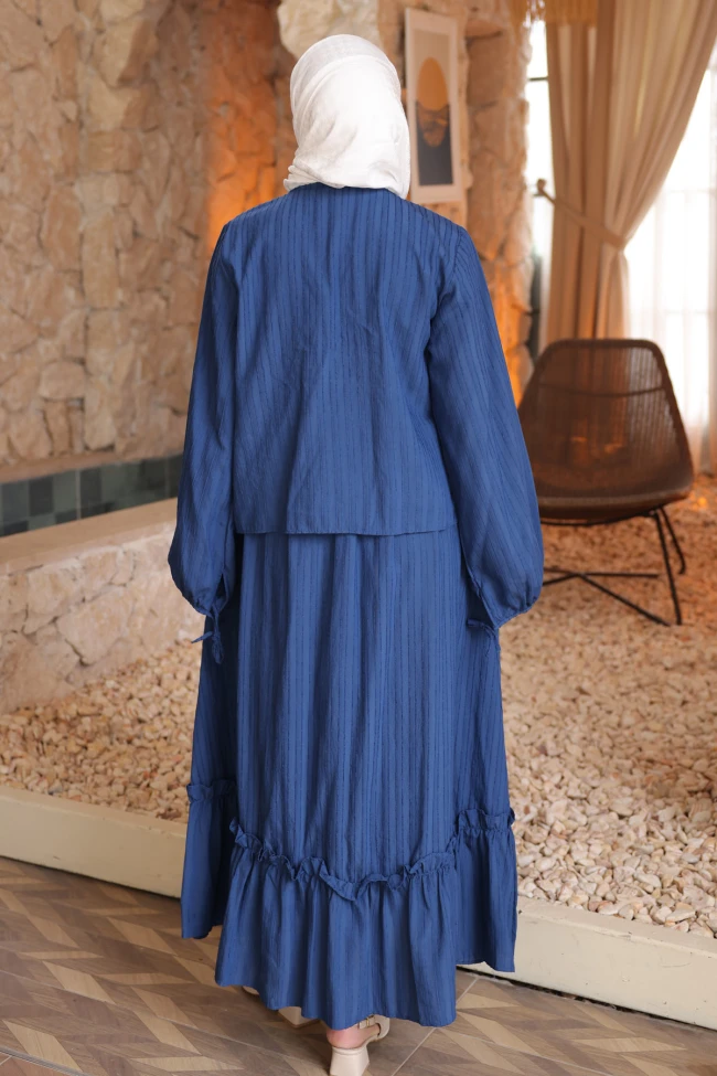 Saks Mavi Düğmeli Gömlek Etekli Bürümcük Takım