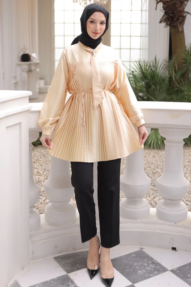 Sarı Fular Yakalı Piliseli Saten Tunik