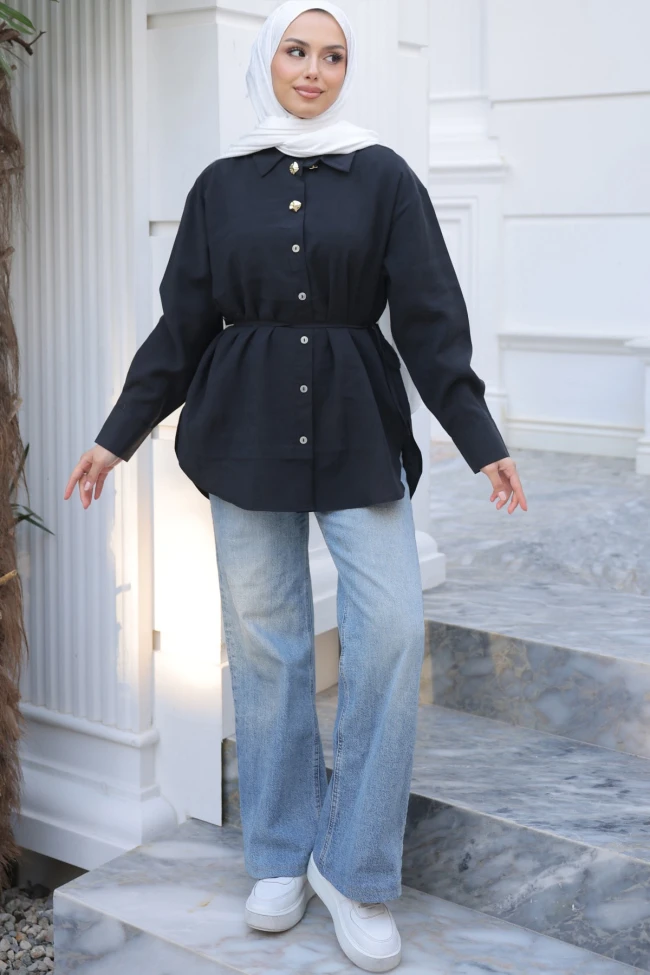 Siyah Bel Bağlamalı Düğmeli Tunik
