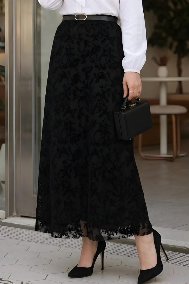 Siyah Bel Kemerli Astarlı Flok Tül Etek