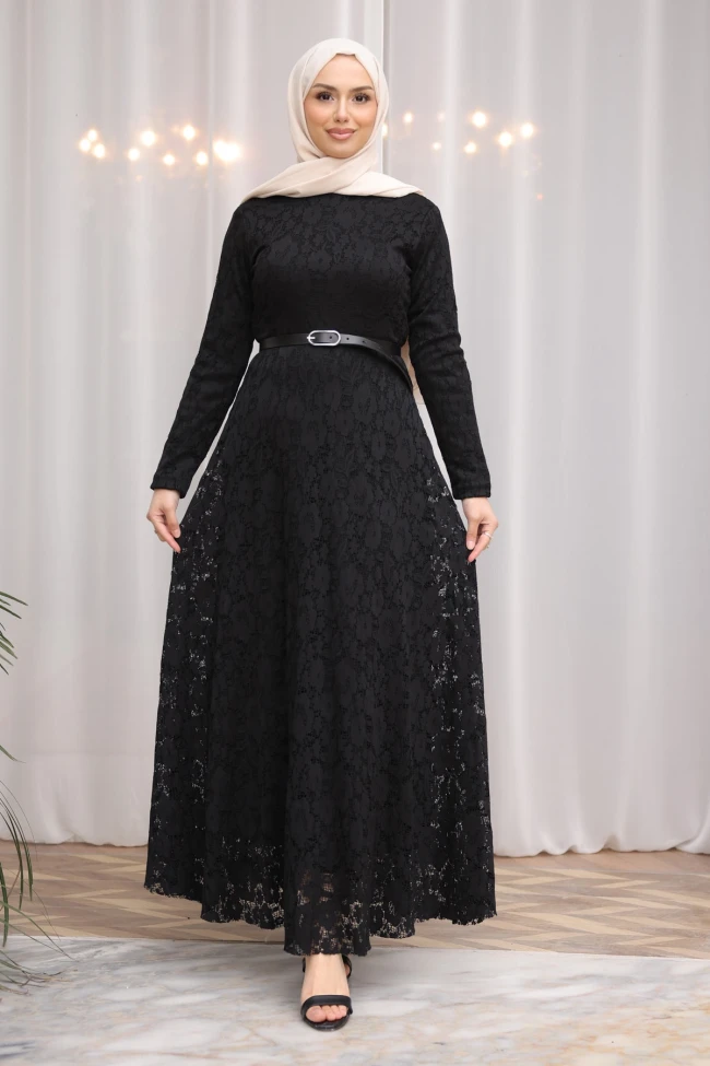 Siyah Bel Kemerli Dantelli Tül Elbise