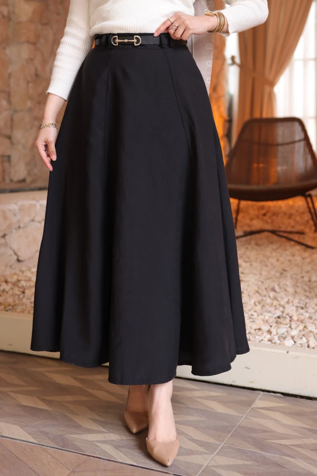 Siyah Bel Kemerli Kloş Etek