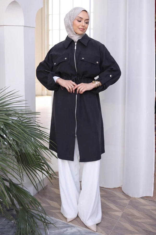 Siyah Bel Kuşaklı Çift Cepli Gabria Kap