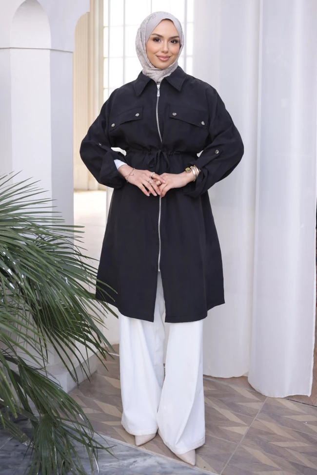 Siyah Bel Kuşaklı Çift Cepli Gabria Kap