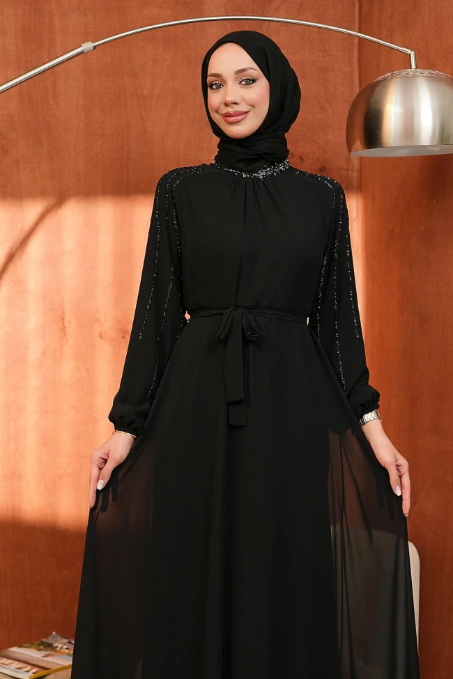 Siyah Bel Kuşaklı Taş İşlemeli Abiye