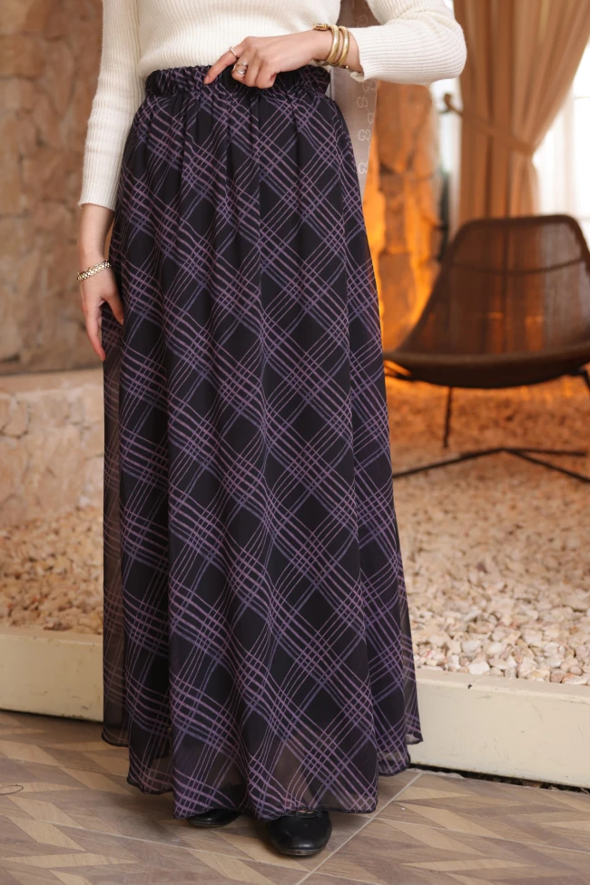 Siyah Bel Lastikli Astarlı Şifon Etek