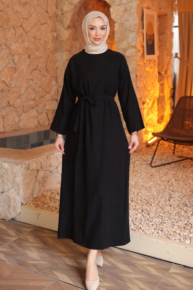 Siyah Beli Kuşaklı Rayon Tencel Elbise