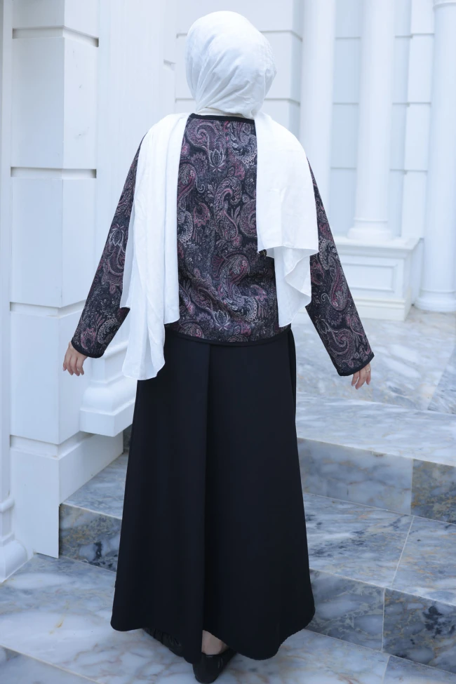 Siyah Etnik Desenli Ceket Etekli Takım