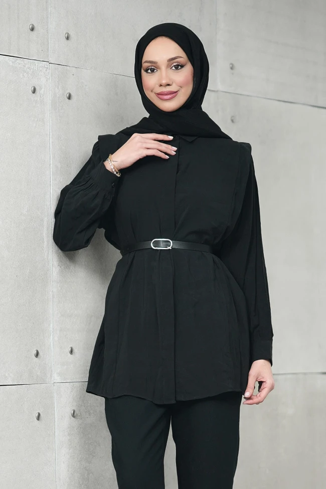 Siyah Gizli Patlı Belden Kemerli Modal Dokuma Tunik