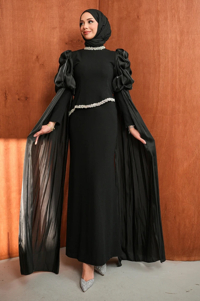 Siyah Kol Detaylı Taşlı Abiye