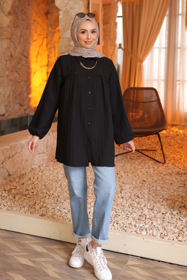 Siyah Kol Lastikli Çizgili Gömlek Tunik