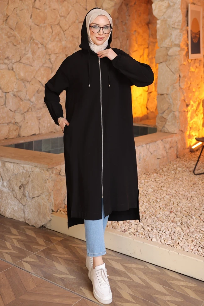 Siyah Kol Lastikli Kapüşonlu Tesla Kap