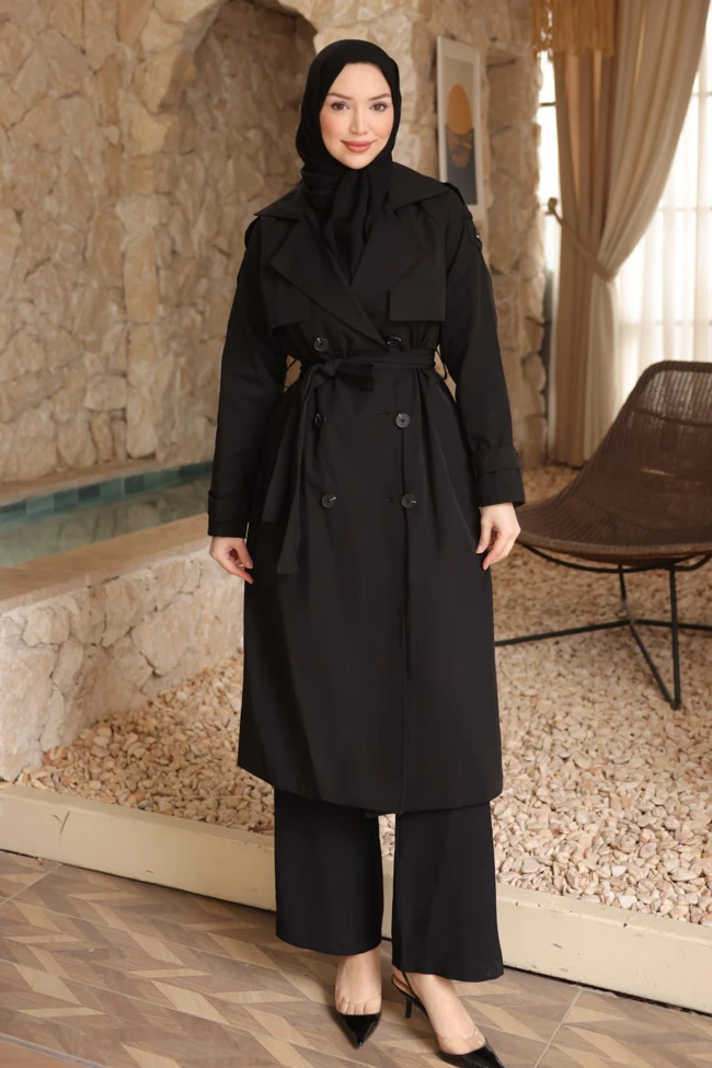 Siyah Kruvaze Yaka Astarlı Trençkot