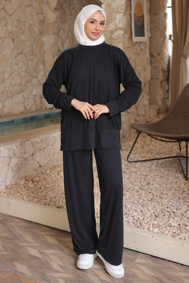 Siyah Manşetli Tunik Pantolonlu Modal Takım