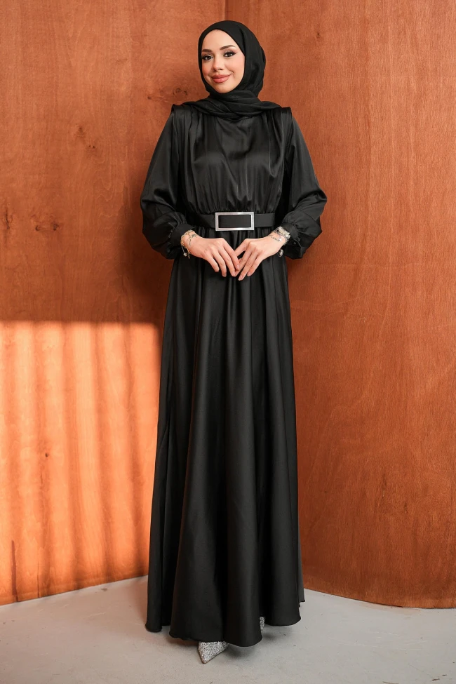 Siyah Mevlana Model Saten Tesettür Abiye