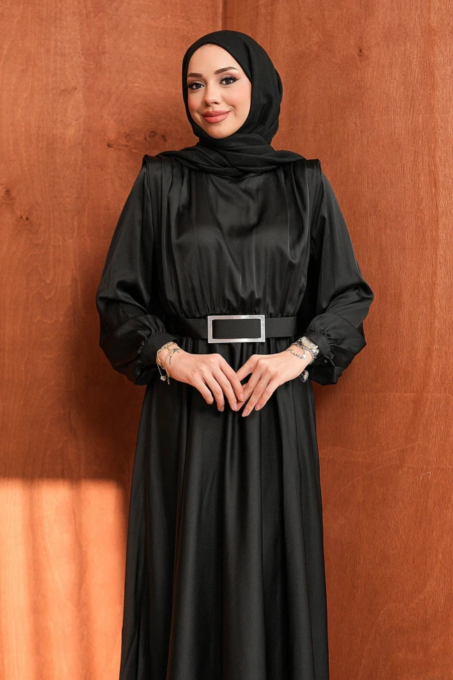 Siyah Mevlana Model Saten Tesettür Abiye