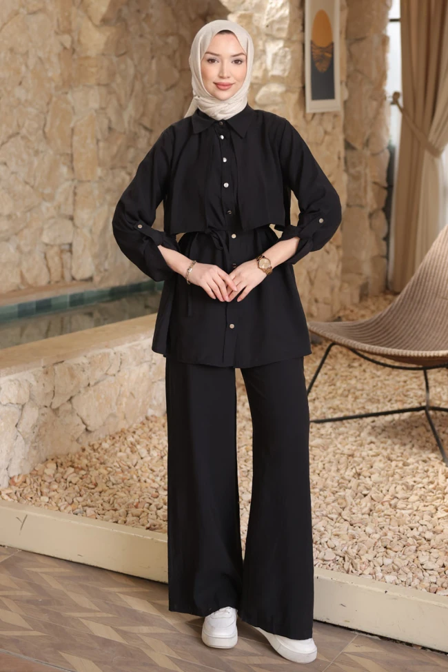 Siyah Önü Allerli Kolu Apoletli Tunik Pantolonlu Modal Takım