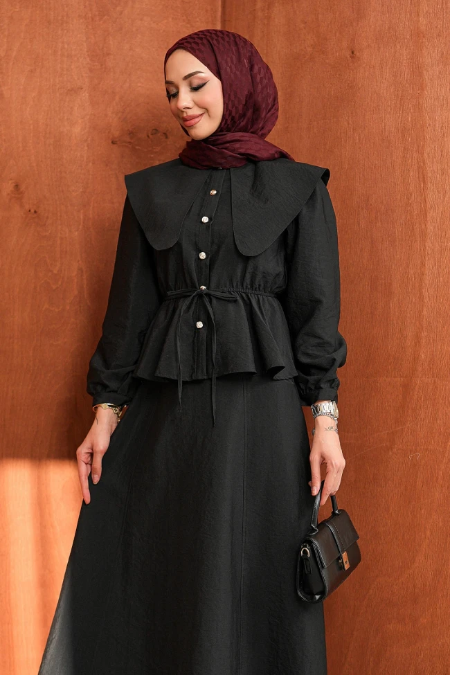 Siyah Yaka Detaylı Gömlek Etekli Takım