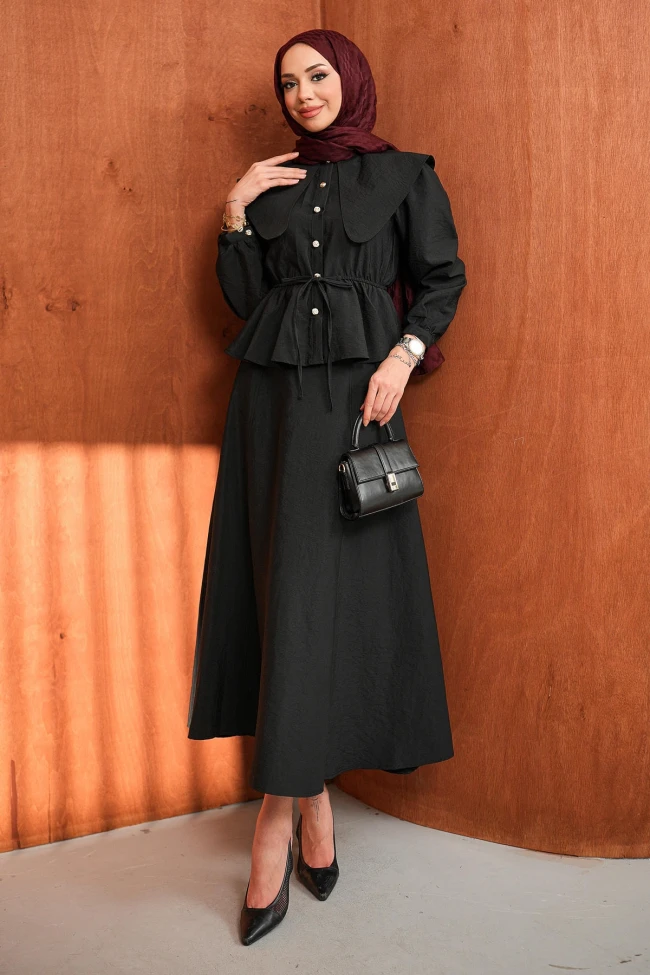 Siyah Yaka Detaylı Gömlek Etekli Takım