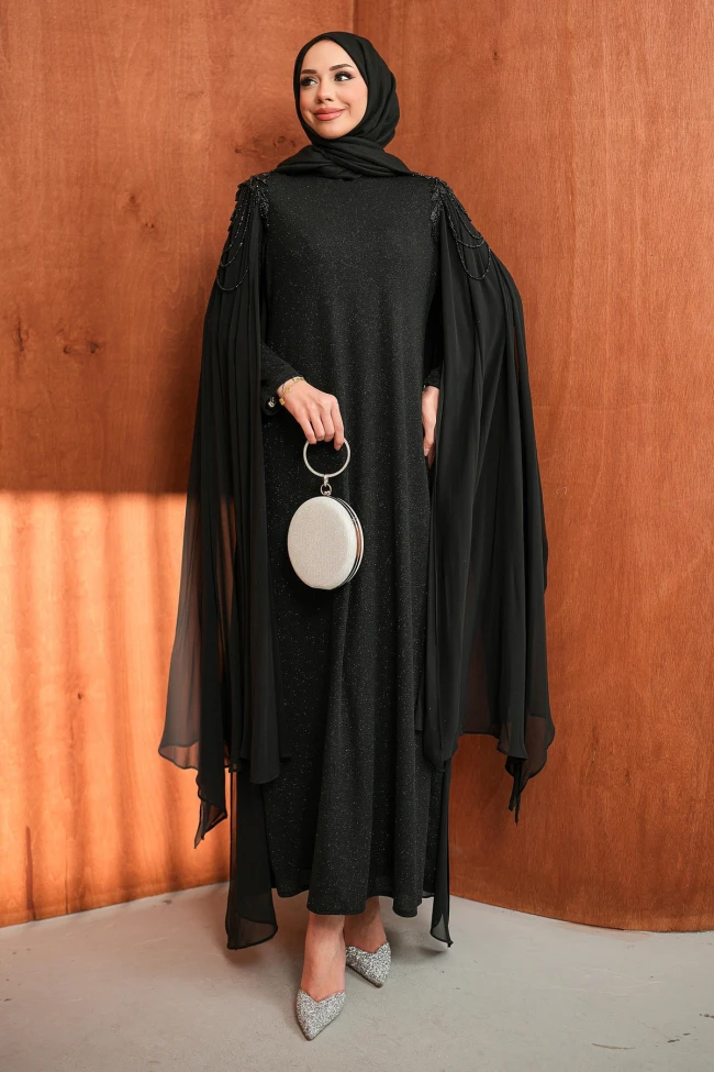 Siyah Omuz Boncuklu Pelerinli Abiye