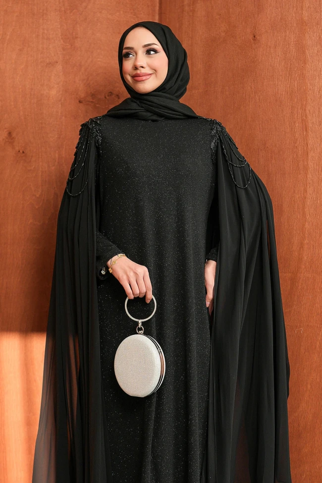 Siyah Omuz Boncuklu Pelerinli Abiye