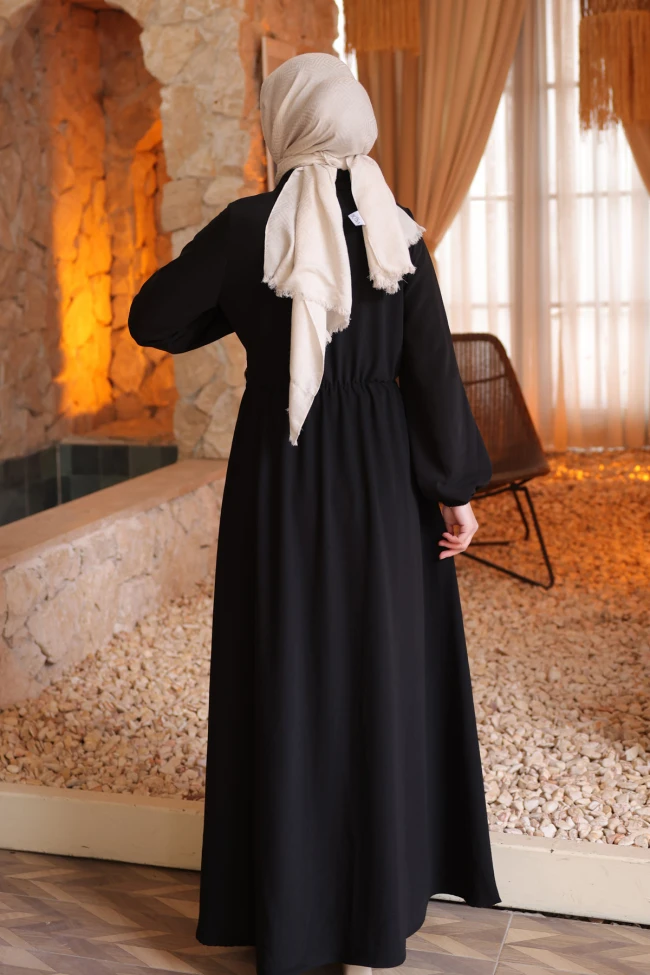 Siyah Yan Bağlamalı Kol Lastikli Elbise