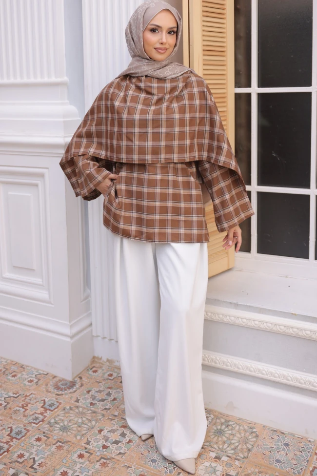 Taba Ekose Desen Bel Bağlamalı Şal Detay Tunik