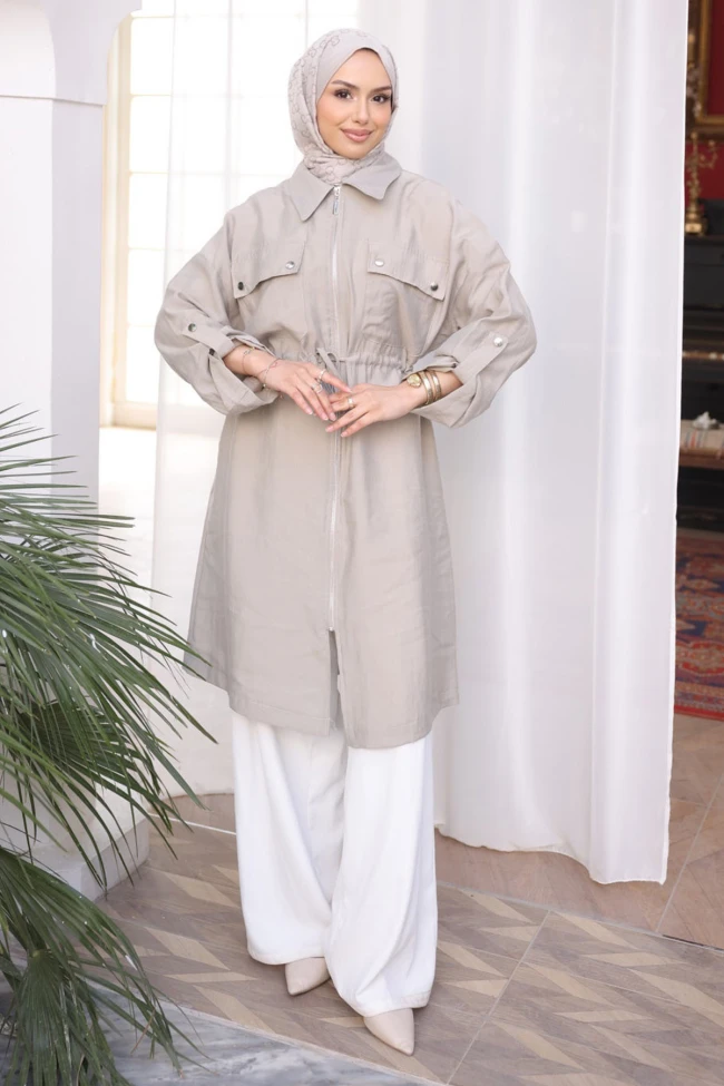 Taş Bel Kuşaklı Çift Cepli Gabria Kap