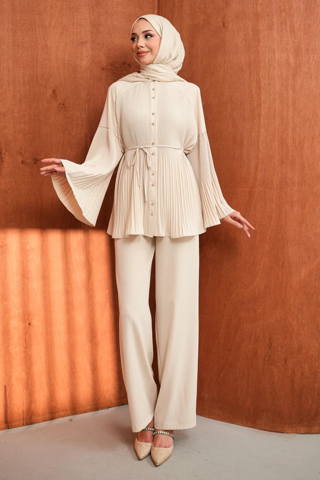 Taş Piliseli Hakim Yaka Tunik Pantolonlu Krep Takım
