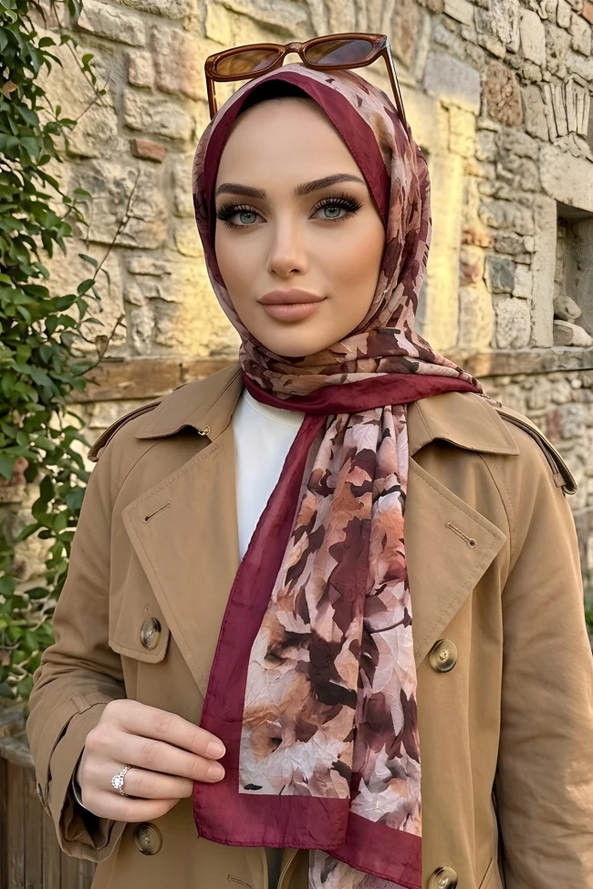 Vişne İpekhan Desenli Kraş Şal