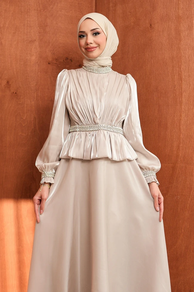 Vizon Beli Volan Detaylı Taşlı Janjan Saten Abiye