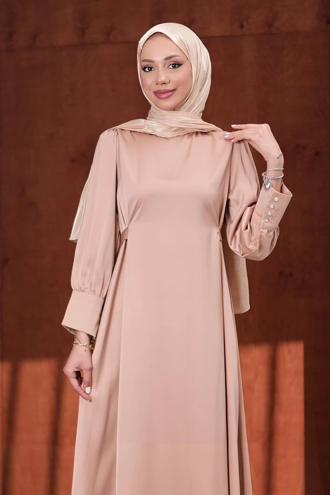 Vizon Kol Düğmeli Beli Kuşaklı Saten Abiye