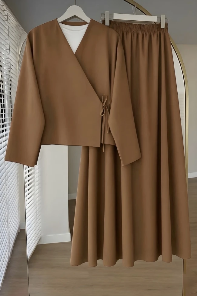 Vizon Yandan Bağlamalı Dabıl Kimono Etekli Takım