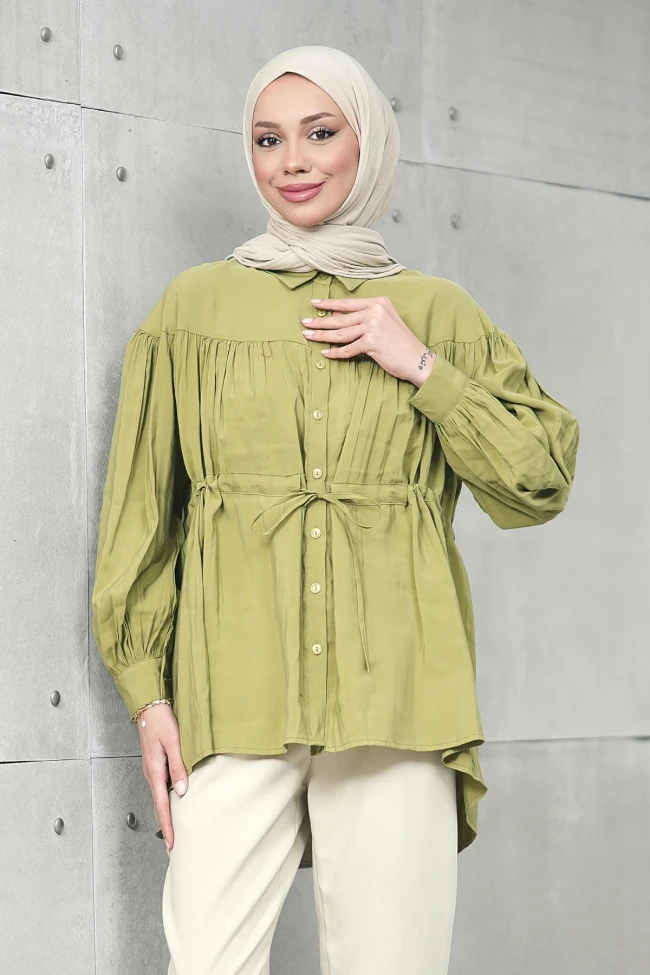 Yağ Yeşili Bel Bağlamalı Modal Salaş Tunik