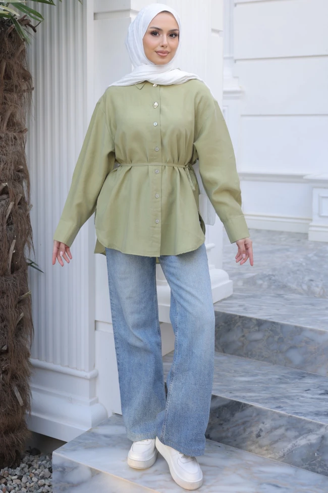 Yeşil Bel Bağlamalı Düğmeli Tunik