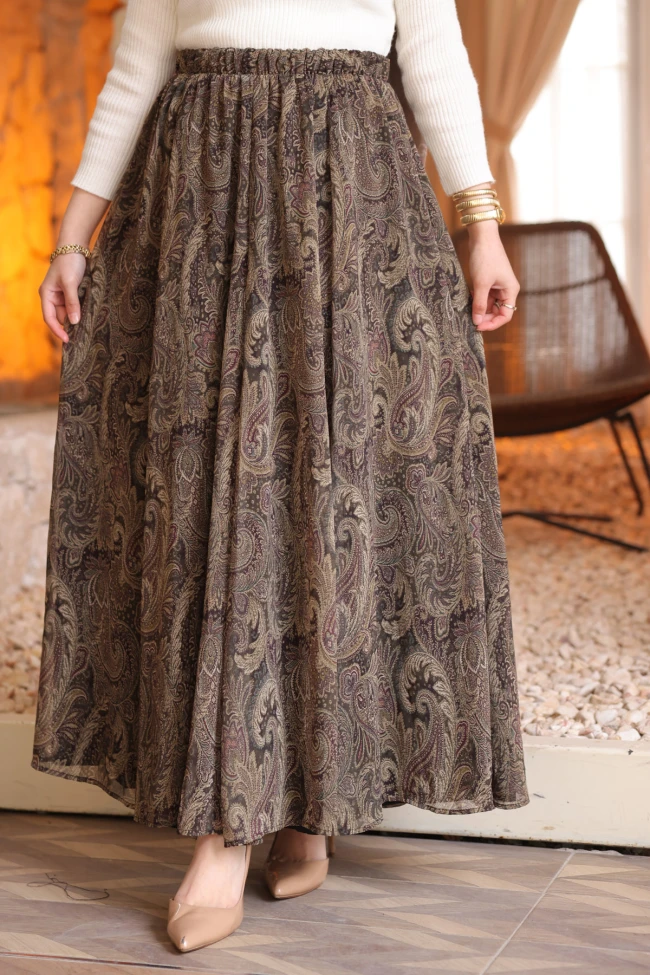 Yeşil Bel Lastikli Astarlı Şifon Etek